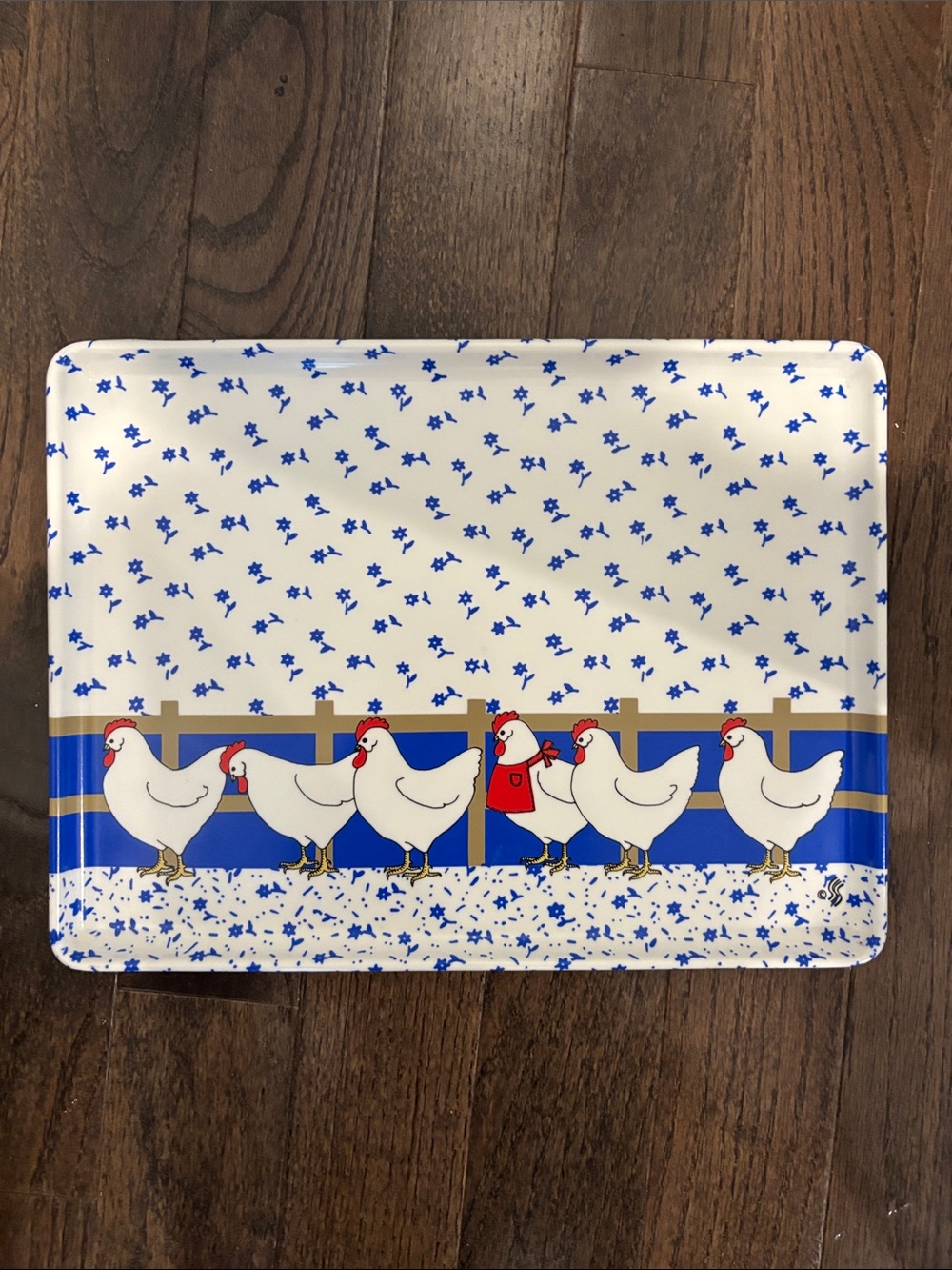Vintage Keller Charles tray,melamine,chicken, blue flower background,14x10.5”
